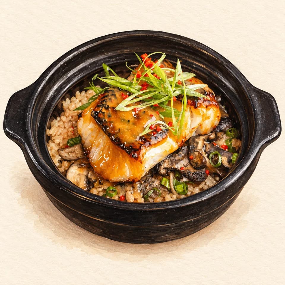 Editorial illustration of Chilean Seabass Claypot