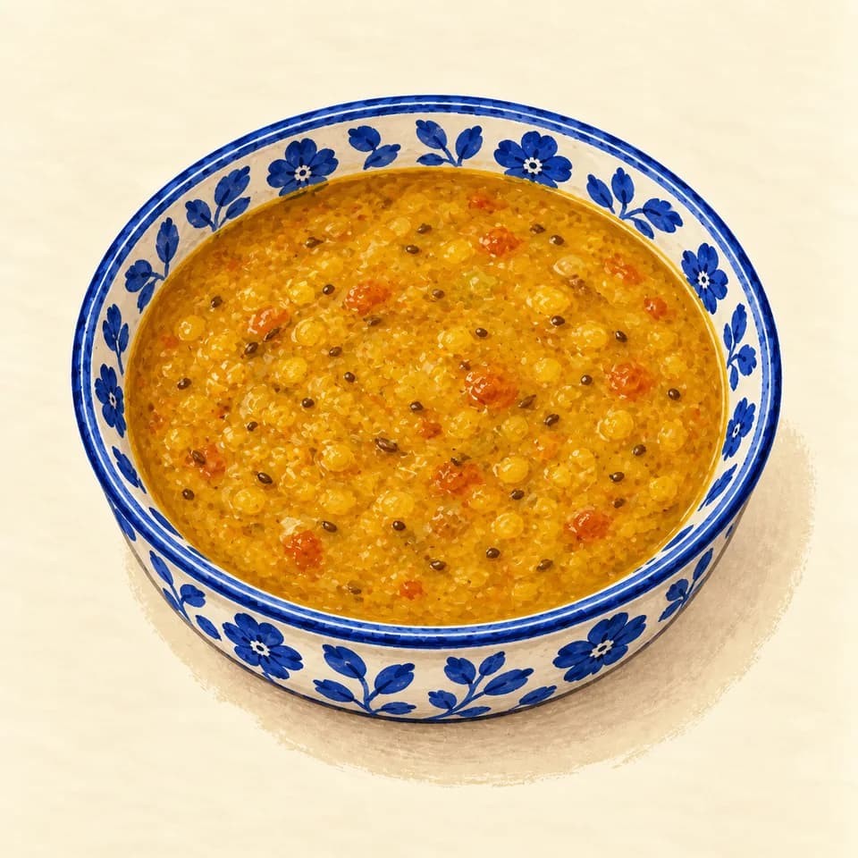 Editorial illustration of Shorabat Adas (yellow lentil soup)