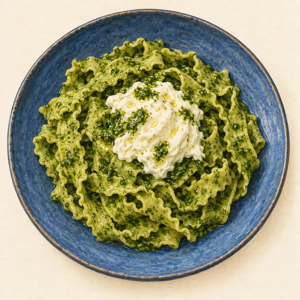 Editorial illustration of Mafaldine al Pesto e Stracciatella