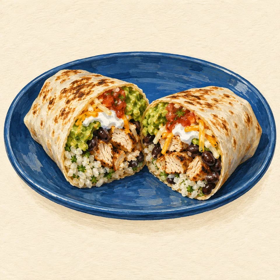 Editorial illustration of All-in Grilled Chicken Burrito
