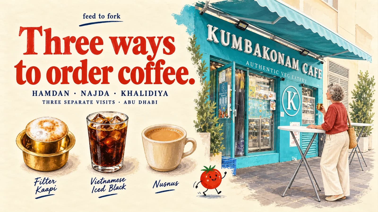 Editorial illustration · Three Abu Dhabi coffee styles on separate visits