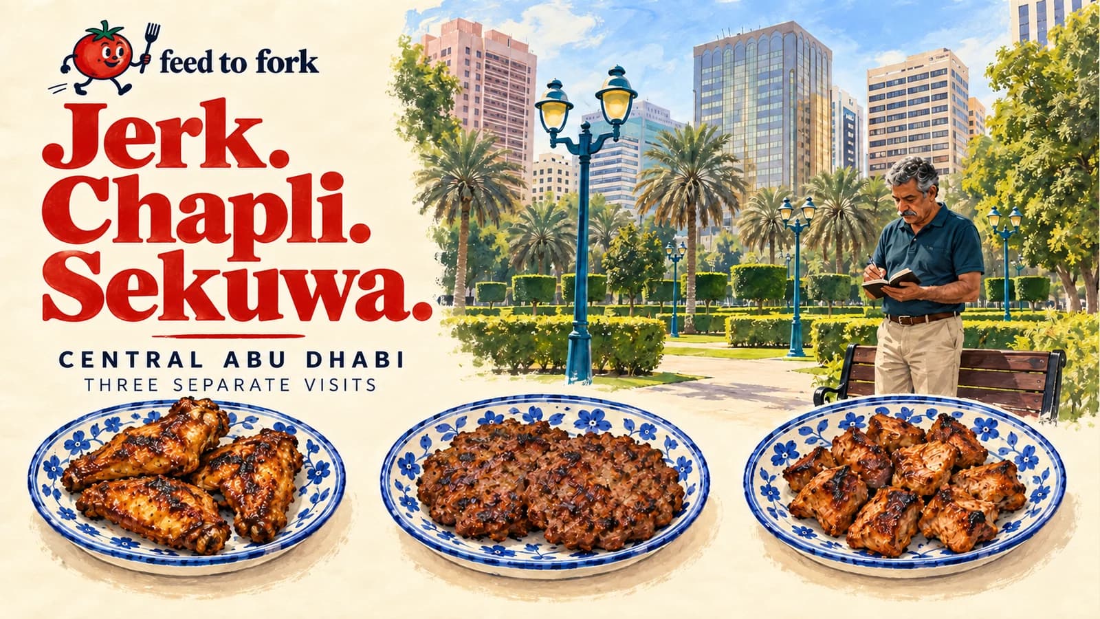 Editorial illustration · Three spiced-meat orders, three Abu Dhabi visits