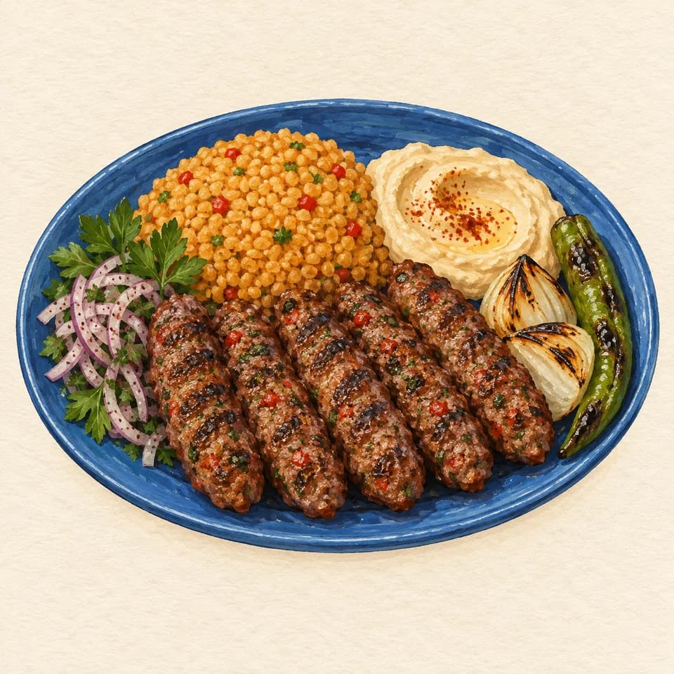 Editorial illustration of Izgara Kufta — choose bulgur