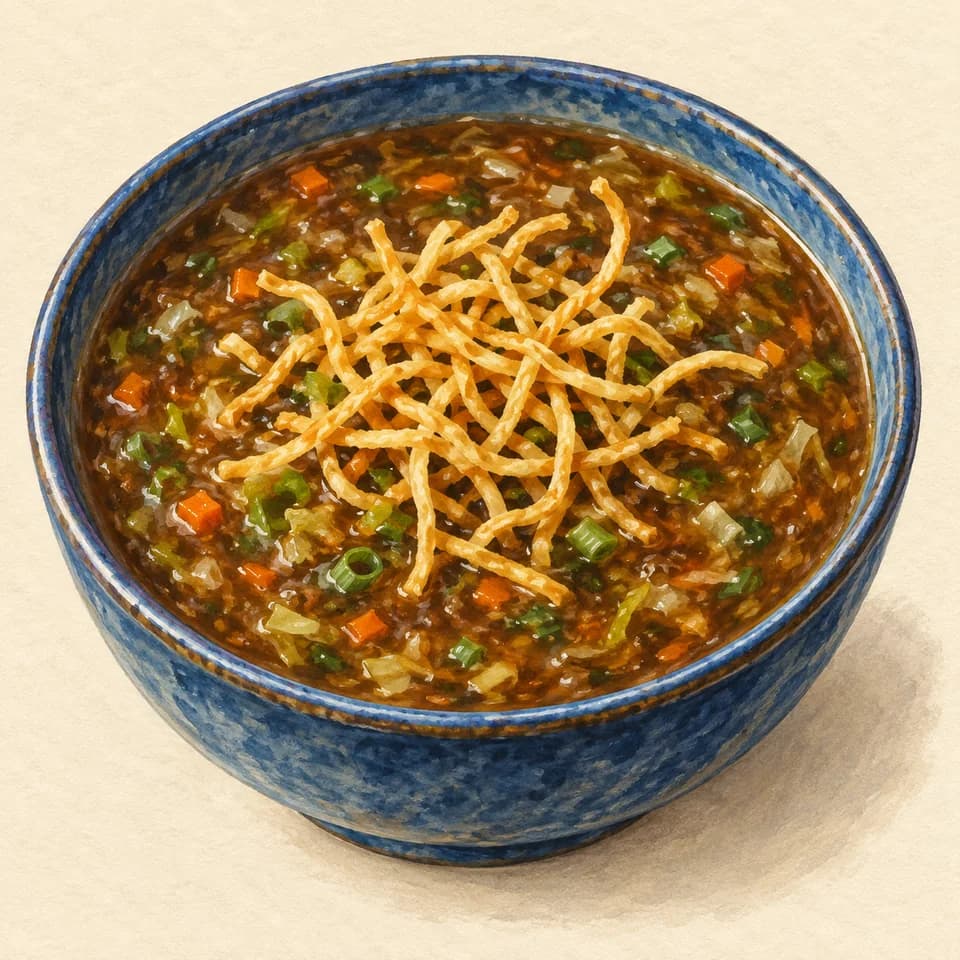 Editorial illustration of Manchow Soup — vegetable option
