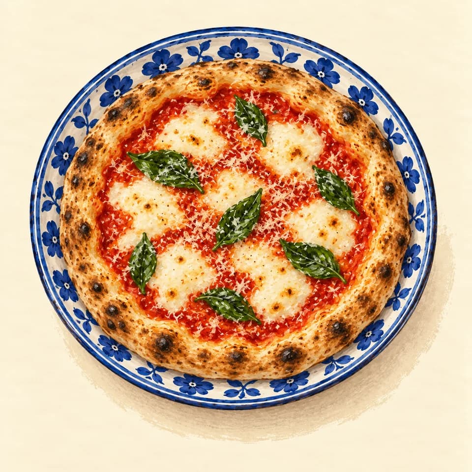 Editorial illustration of Margherita pizza