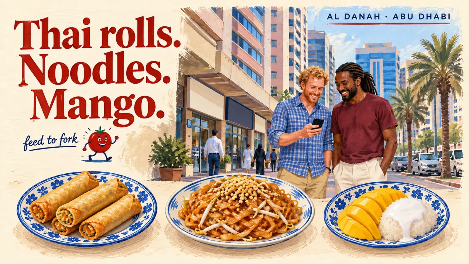 Editorial illustration · Thai noodles and mango around Al Danah