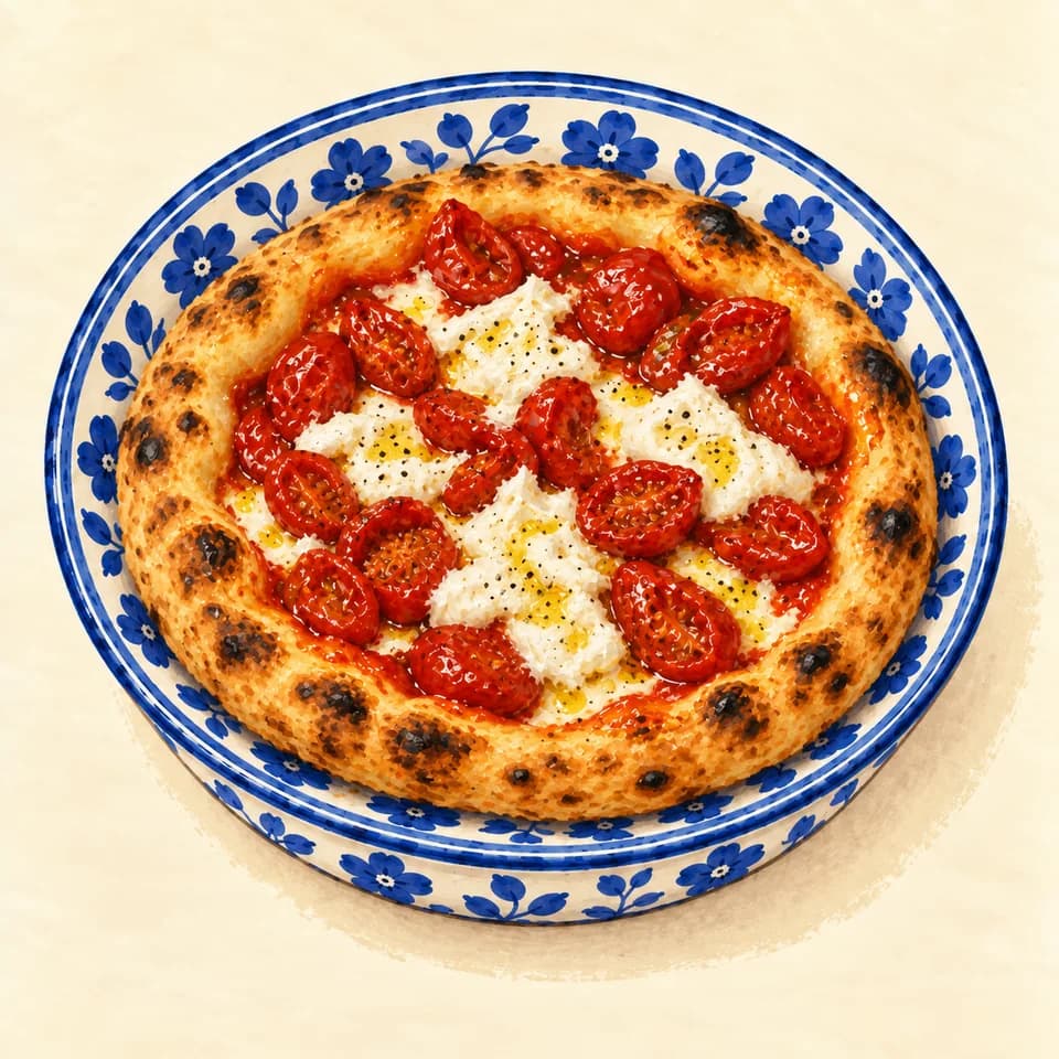 Editorial illustration of Pizza with marinated tomatoes and burrata