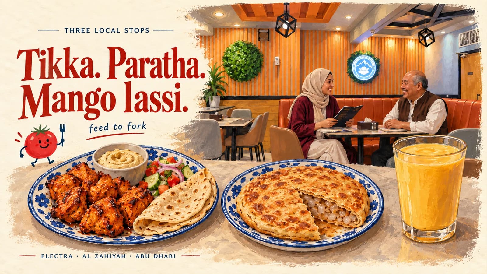 Editorial illustration · Electra to Zahiyah: tikka, paratha and lassi