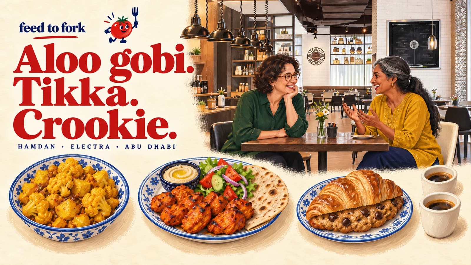 Editorial illustration · Hamdan and Electra: aloo gobi, tikka and a crookie