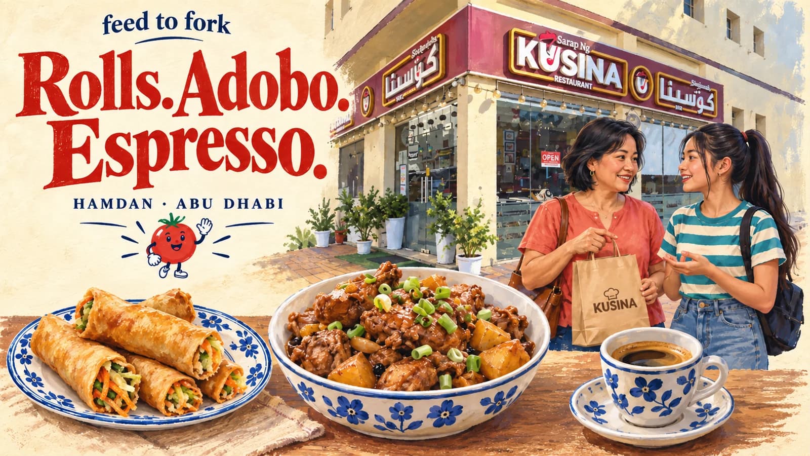Editorial illustration · Hamdan: spring rolls, adobo and espresso