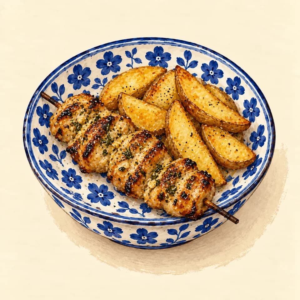 Editorial illustration of Lemon-herb chicken-thigh skewer