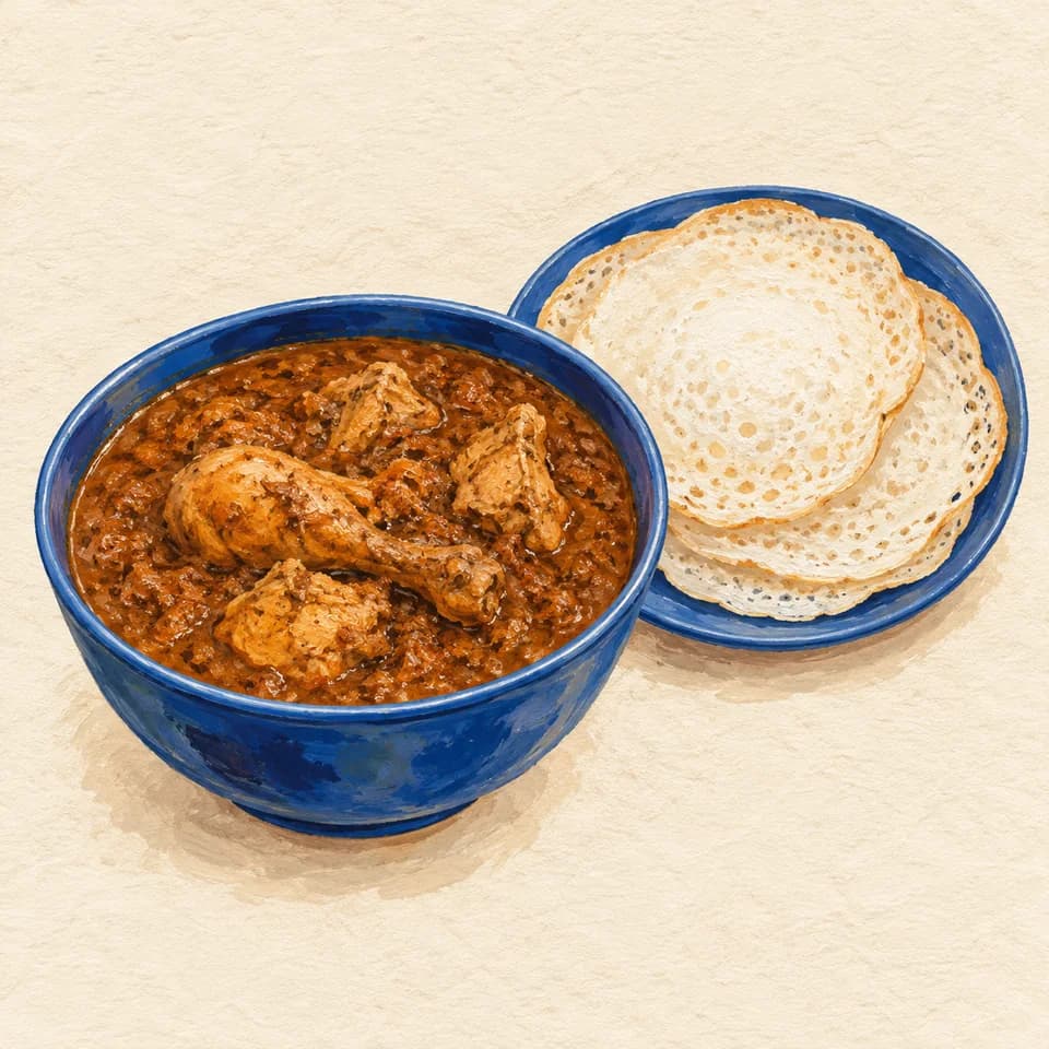 Editorial illustration of Chicken Varutharachathu + Kallappam