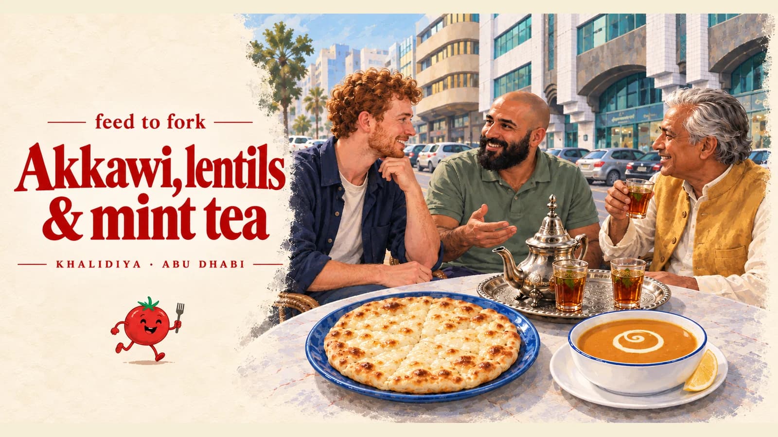 Editorial illustration · Cheese bread and mint tea around Khalidiya