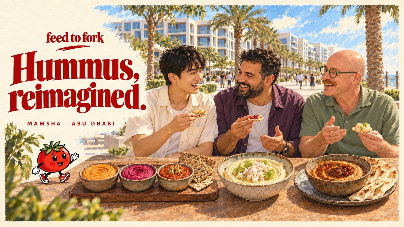 Editorial illustration · Three Mamsha dips, from beetroot to crab