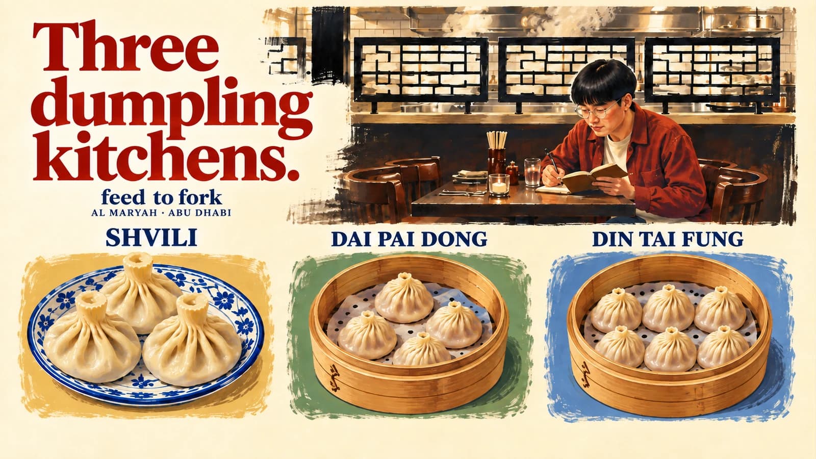 Editorial illustration · Al Maryah soup dumplings over three visits