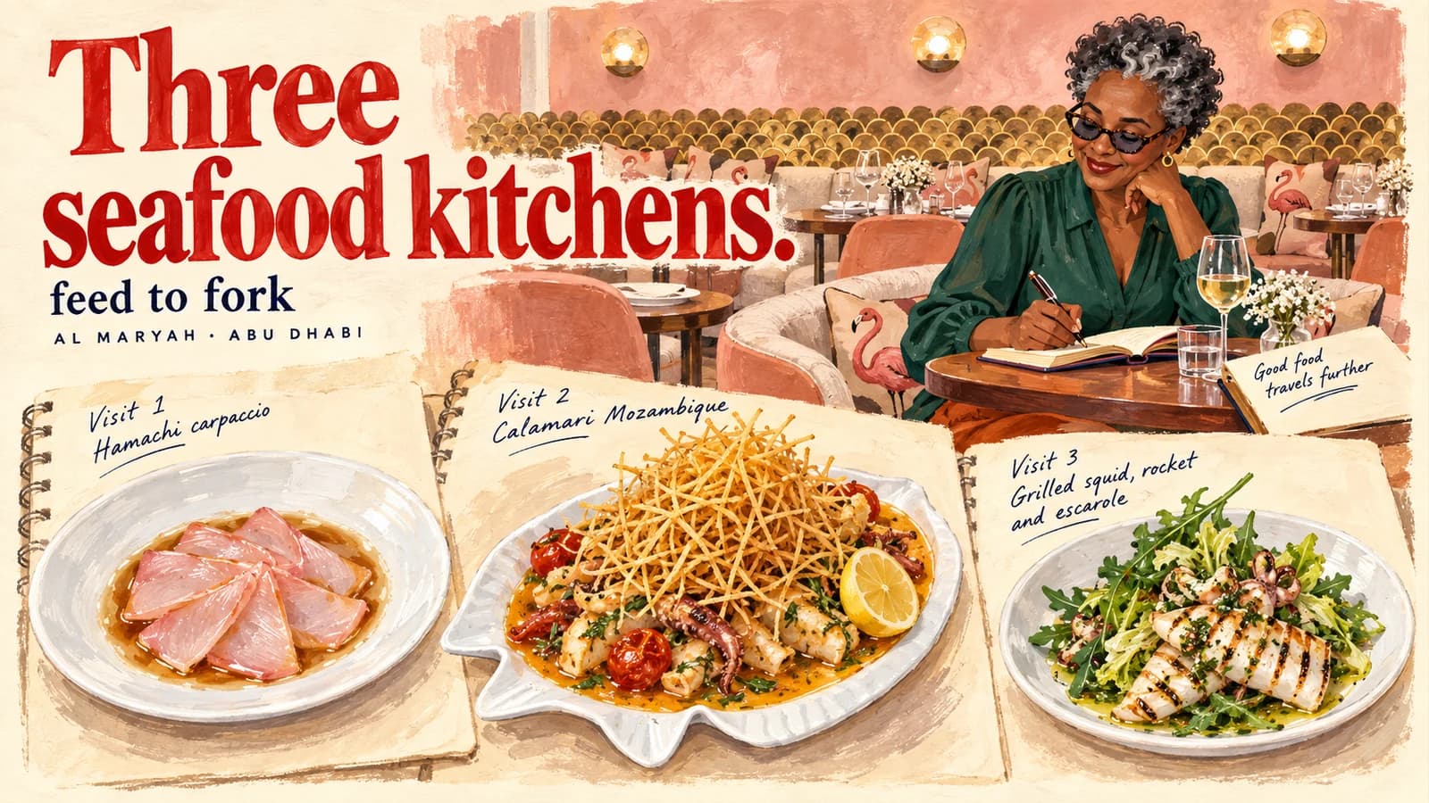 Editorial illustration · Three seafood preparations over Al Maryah visits