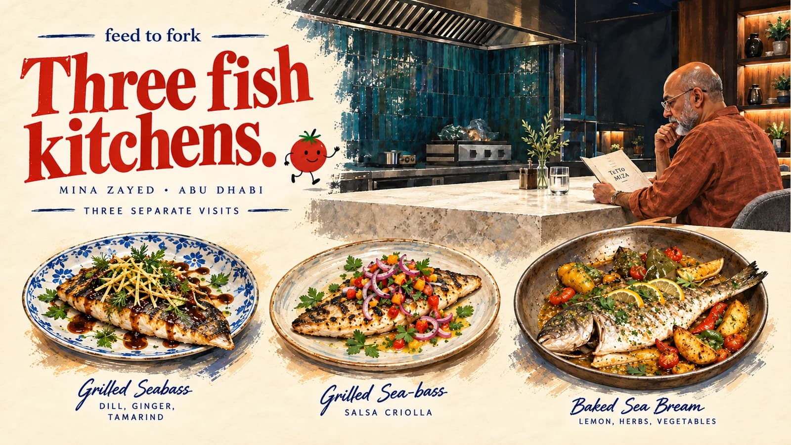 Editorial illustration · Three Mina fish kitchens, one meal per visit