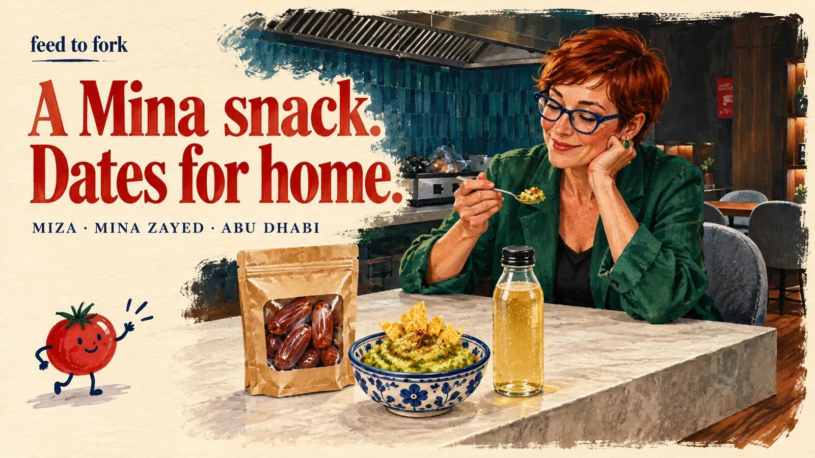 Editorial illustration · Mina Zayed: guacamole and dates for home
