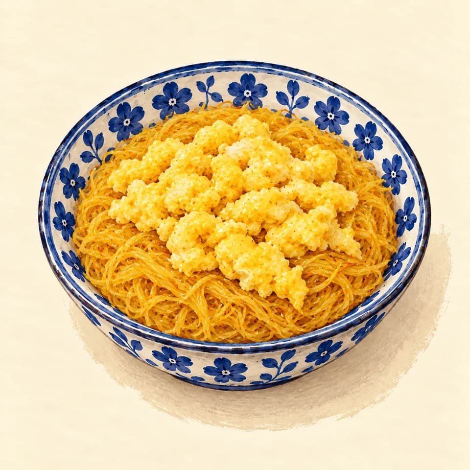 Editorial illustration of Saffron Vermicelli Eggs