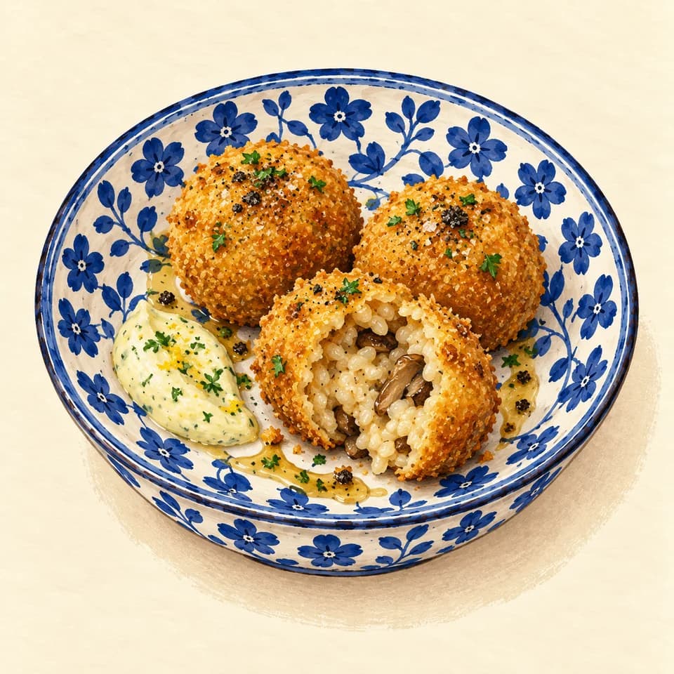 Editorial illustration of Porcini Mushroom Arancini