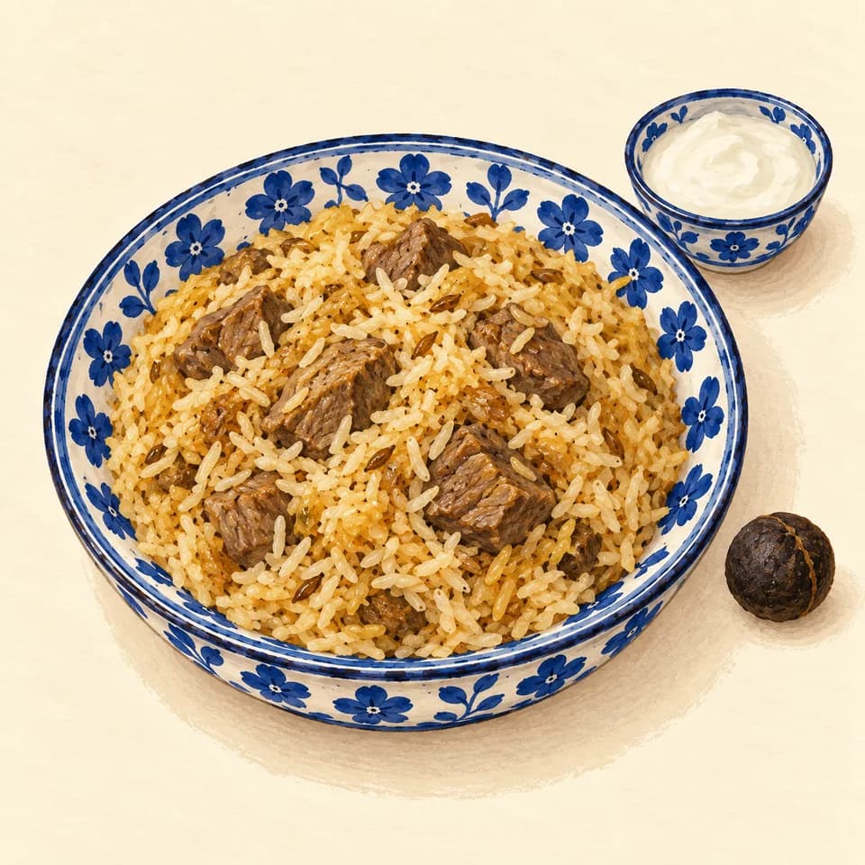 رسم توضيحي لطبق أرز شيات إماراتي مع لحم الضأن