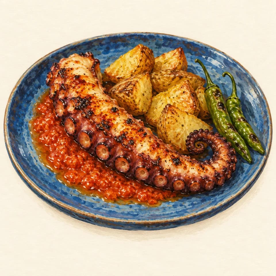 Editorial illustration of Grilled Octopus