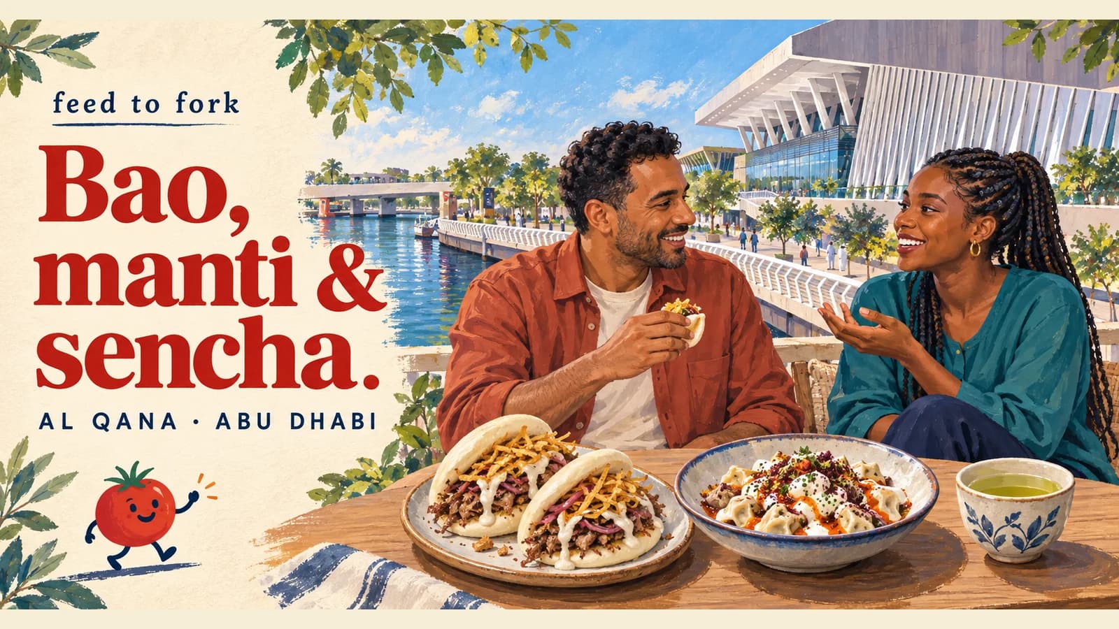 Editorial illustration · Two filled-dough dishes and sencha at Al Qana