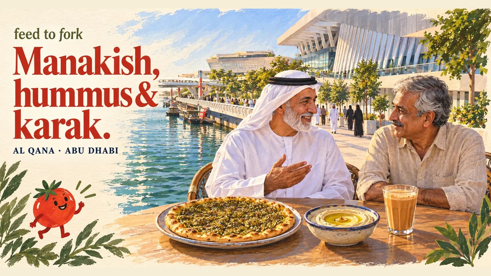 Editorial illustration · Al Qana: zaatar manakish, hummus and karak