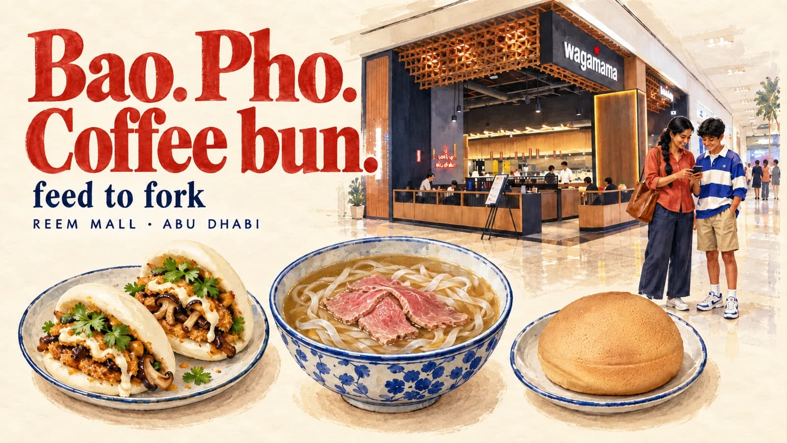 Editorial illustration · A beef-pho meal at Reem Mall