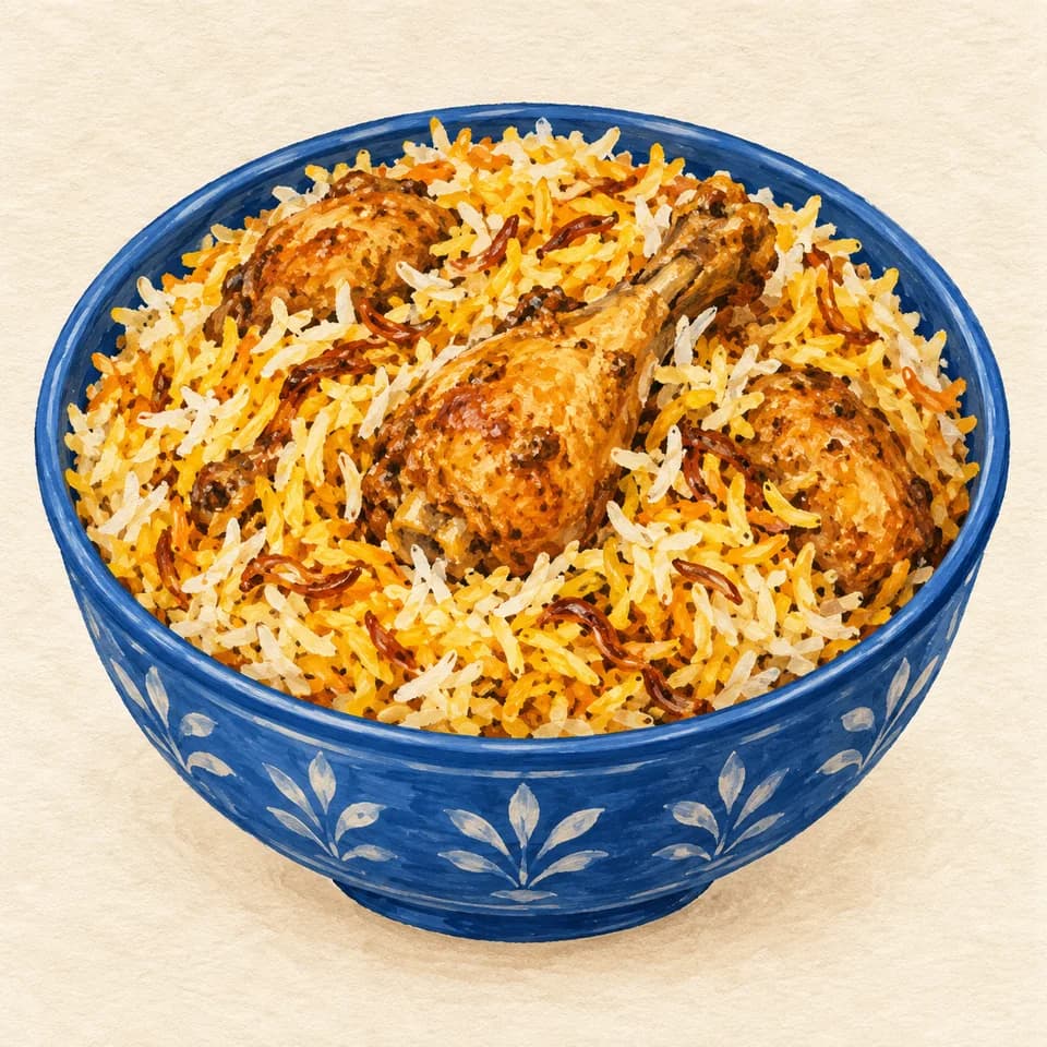 رسم توضيحي لطبق برياني دجاج
