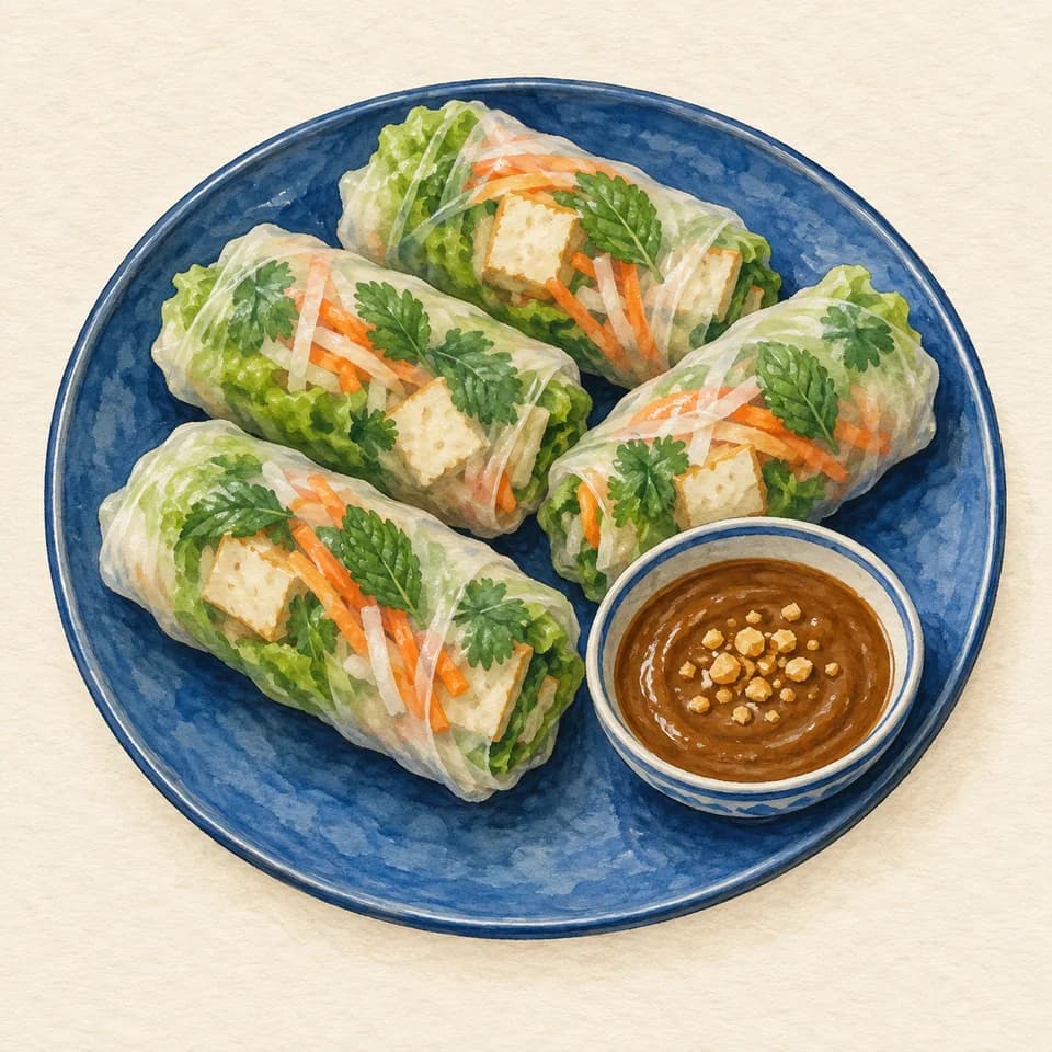 Editorial illustration of Fresh Summer Rolls with Tofu — four rolls