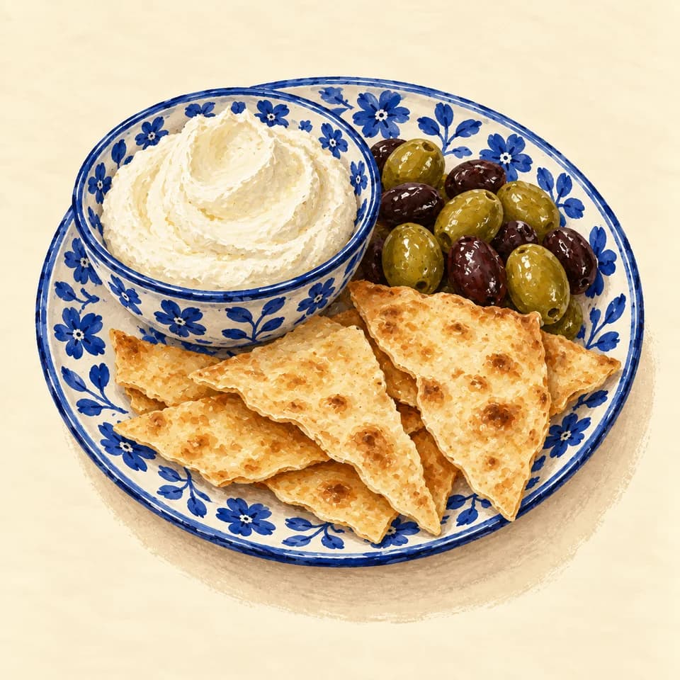 Editorial illustration of Whipped feta with olives