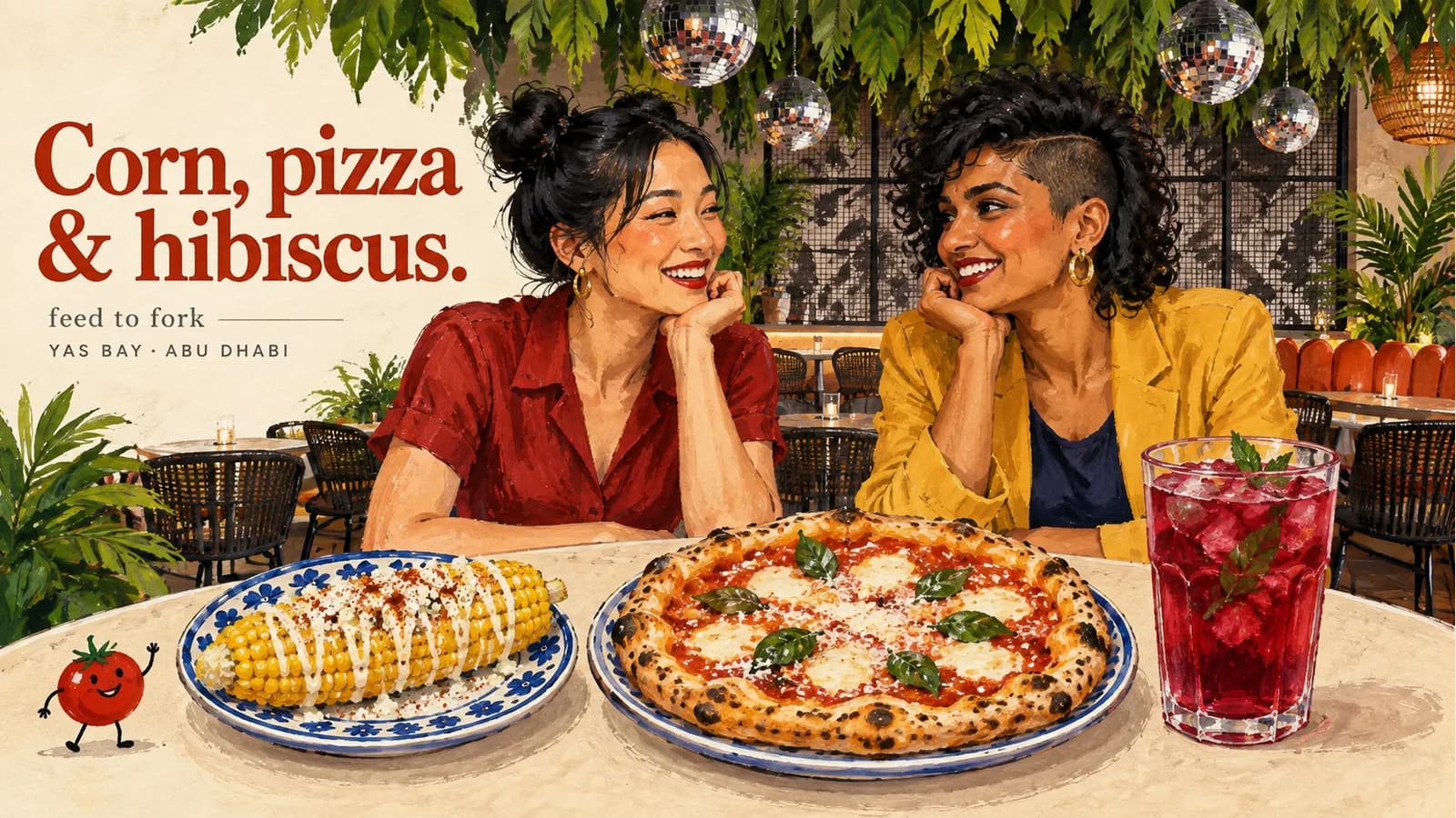 Editorial illustration · Yas Bay: corn, pizza and lemonade