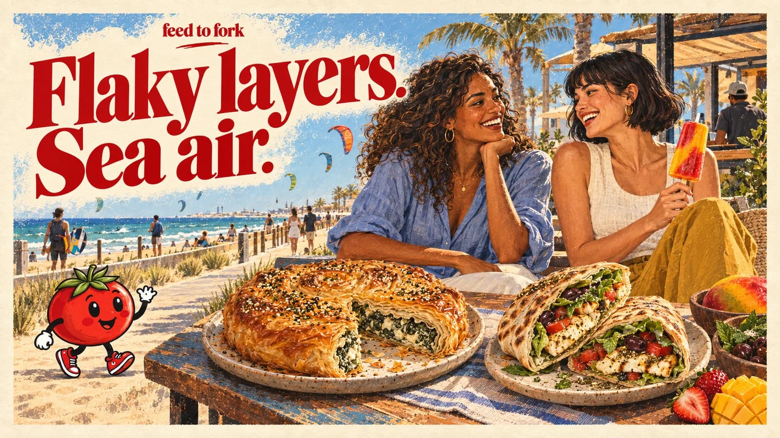 Editorial illustration · Umm Suqeim: spinach phyllo, halloumi wrap and an ice pop