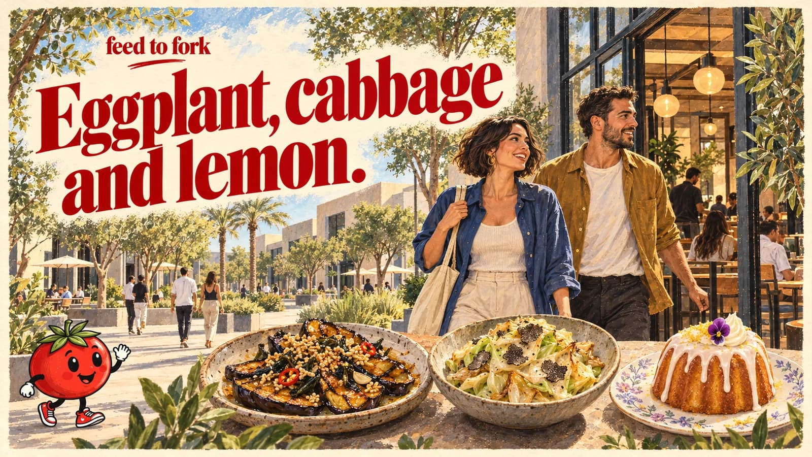 Editorial illustration · Dubai Hills Business Park: eggplant, cabbage and lemon cake