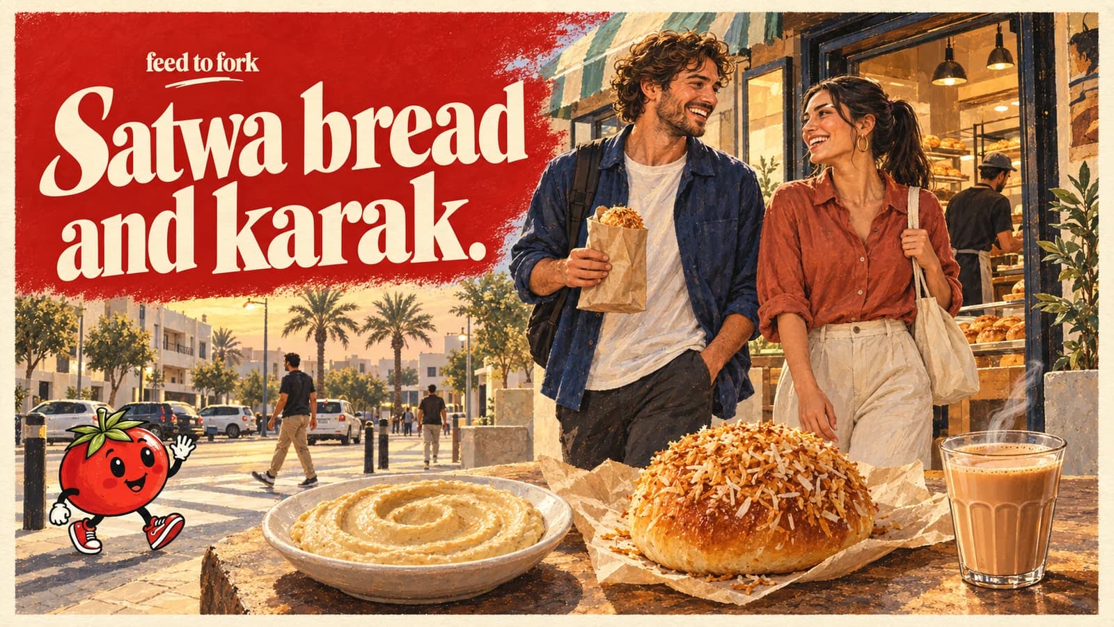Editorial illustration · Satwa: hummus, coconut bread and karak