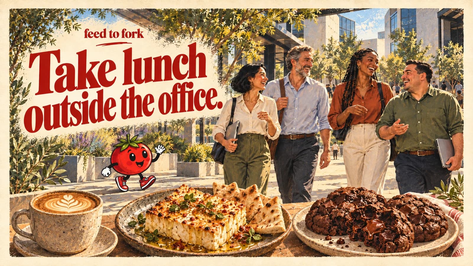 Editorial illustration · Dubai Design District: coffee, baked feta and a cookie