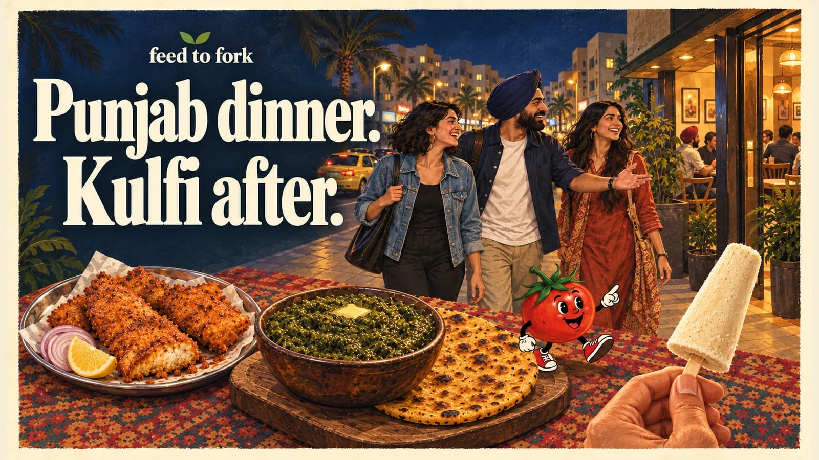 Editorial illustration · Punjab dinner: fish, mustard greens and kulfi