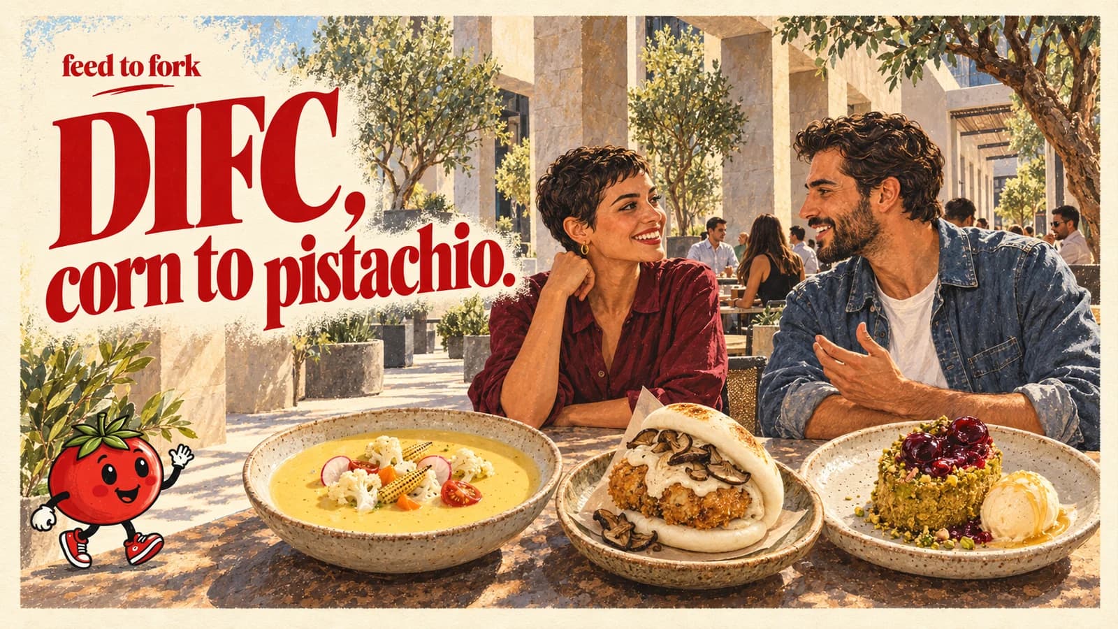 Editorial illustration · DIFC: corn soup, chestnut bao and pistachio cake