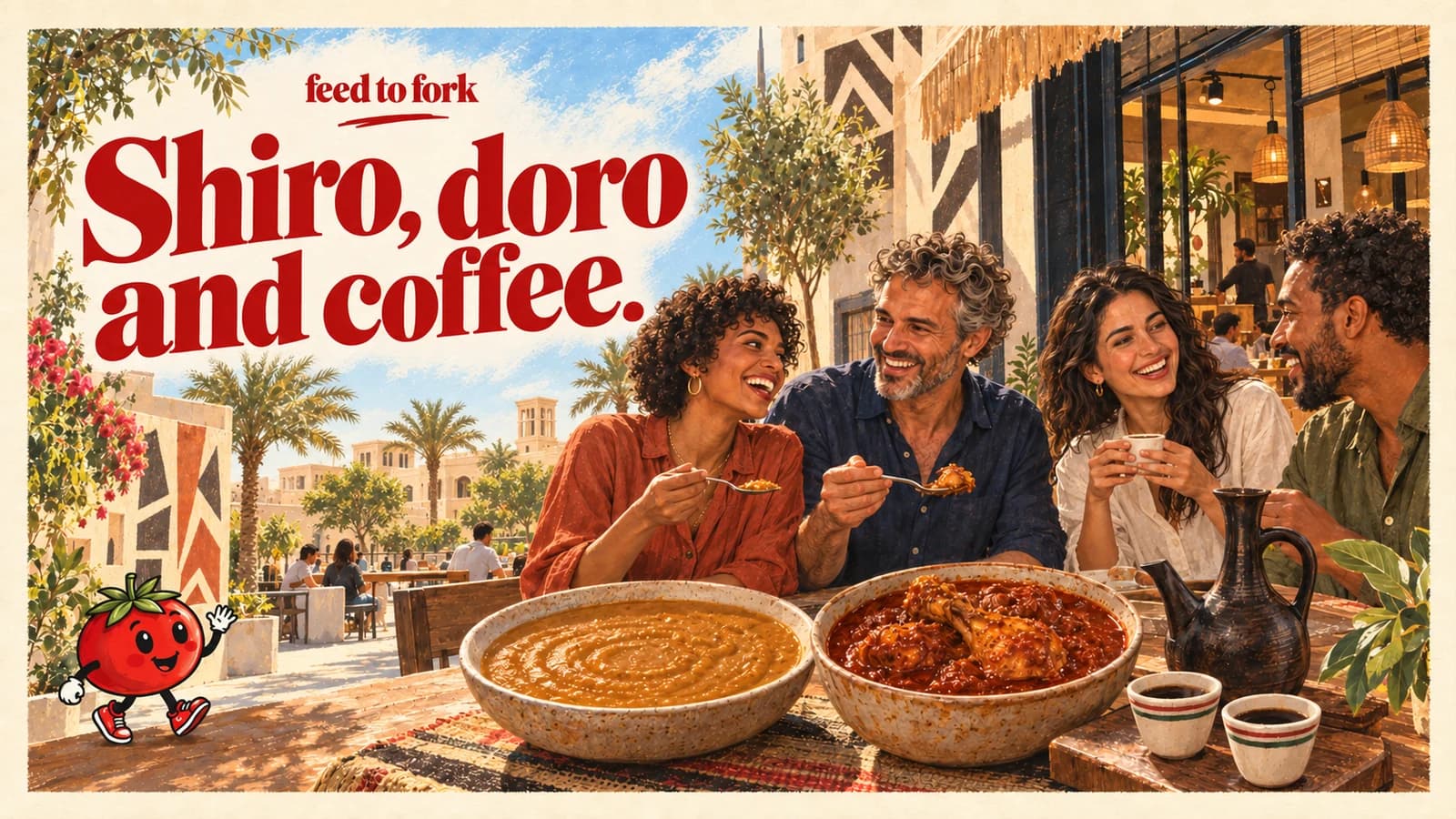 Editorial illustration · Ethiopian Dubai: shiro, doro wot and a coffee pot