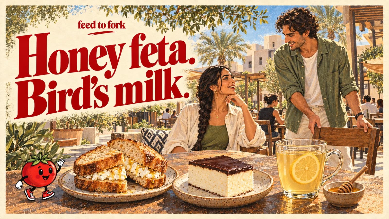 Editorial illustration · Al Furjan: honey feta, bird’s milk and ginger