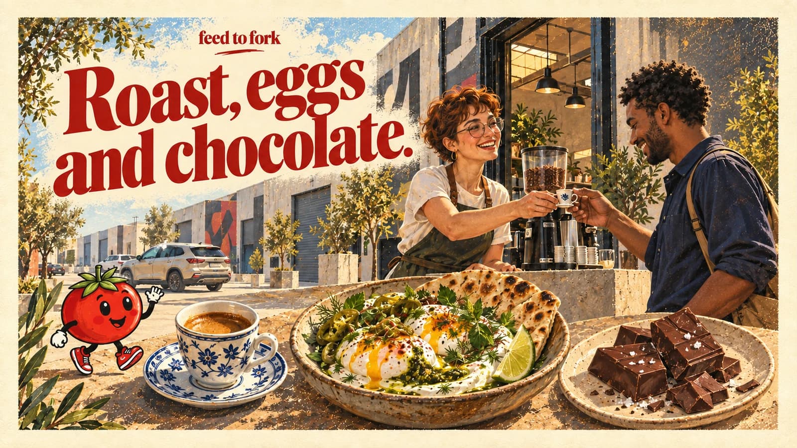 Editorial illustration · Al Quoz: espresso, Turkish eggs and a chocolate bar