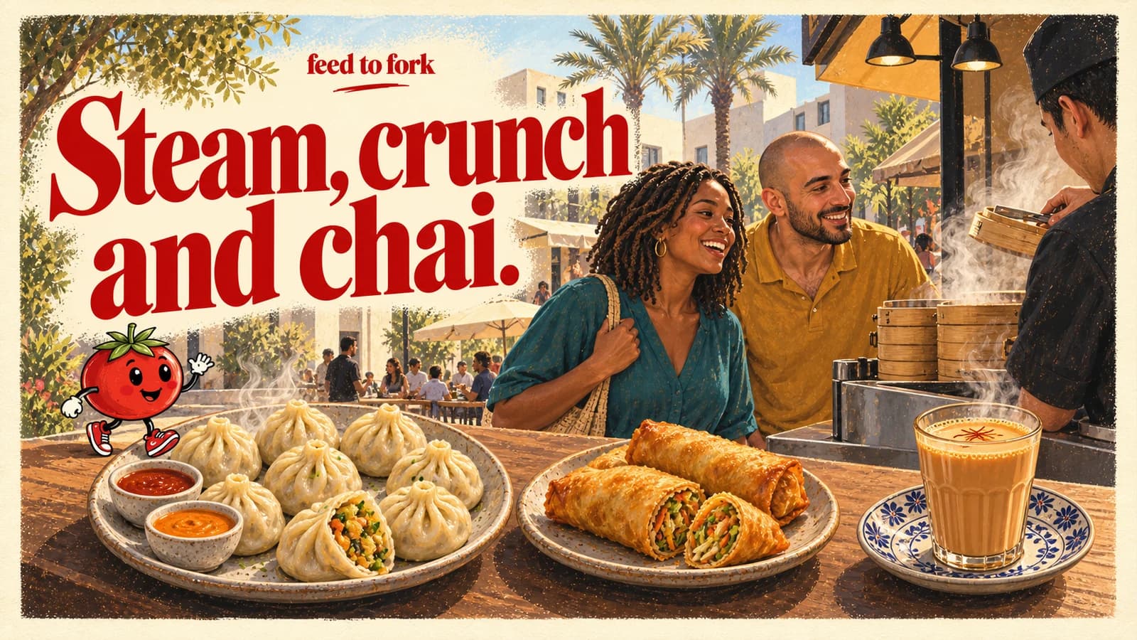Editorial illustration · Steamed momos, crisp rolls, chai