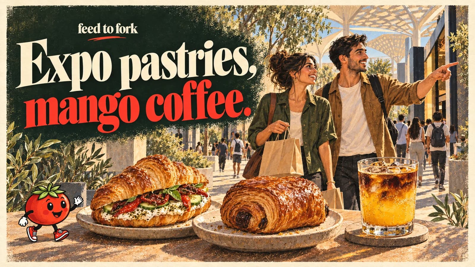 Editorial illustration · Expo City: pastry fillings and mango coffee