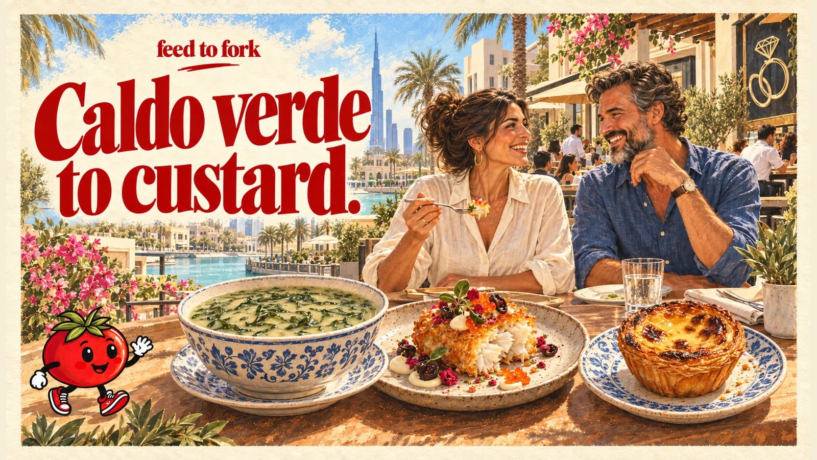 Editorial illustration · Portuguese soup, a cod bite and custard