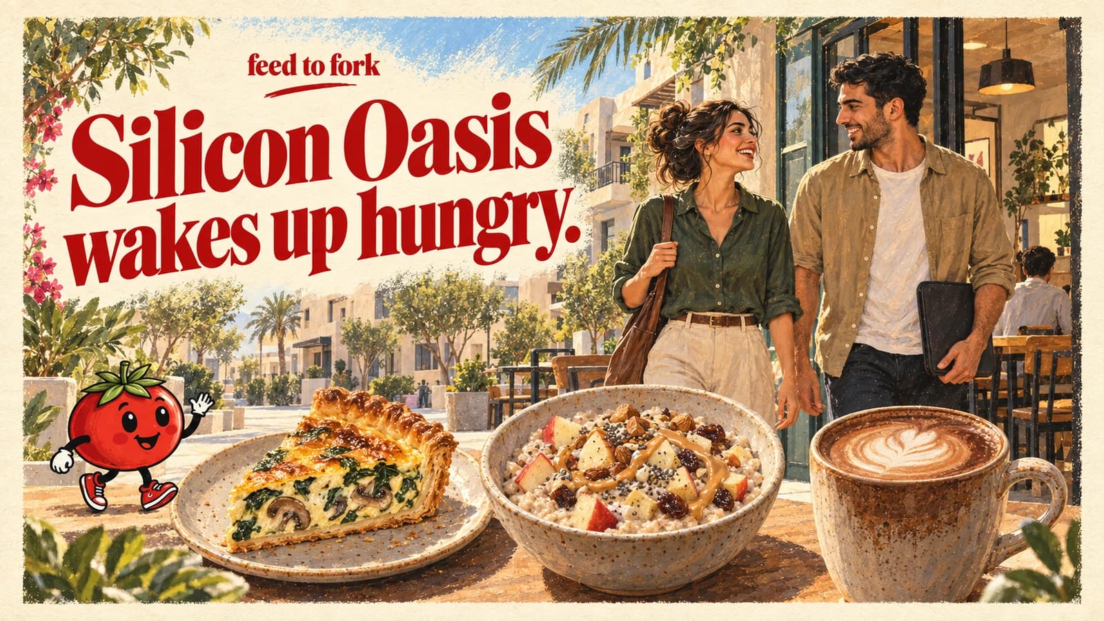 Editorial illustration · Silicon Oasis: quiche, apple oats and mocha