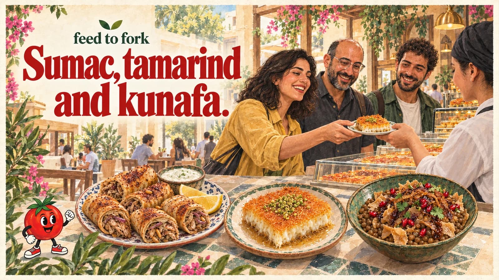 Editorial illustration · Sumac rolls, tamarind lentils and soft kunafa