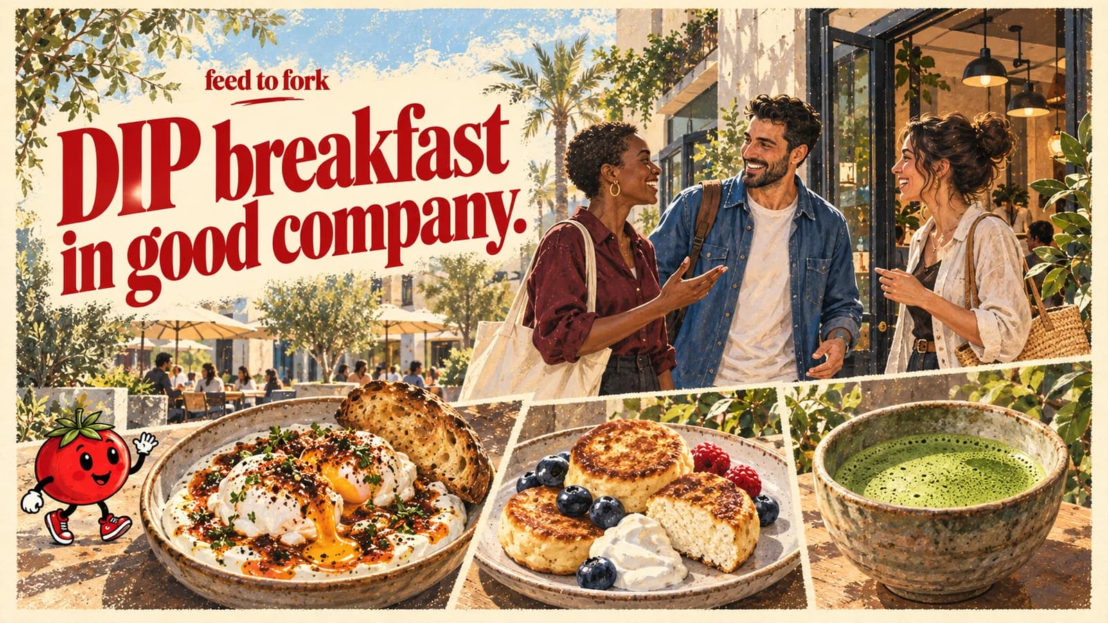 Editorial illustration · DIP: eggs, cottage-cheese pancakes and matcha