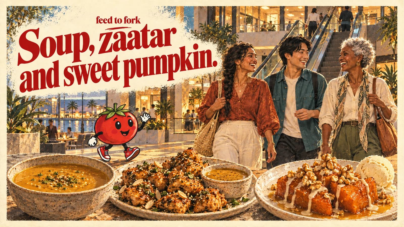 Editorial illustration · Festival City: lentil soup, honey zaatar chicken and pumpkin