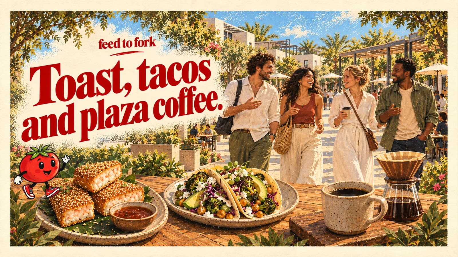 Editorial illustration · The Sustainable City: shrimp toast, broccoli tacos and coffee